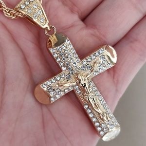 ✝️ 18K Gold Plated Cross Pendant & 30" Rope Chain Necklace 🙏-#4